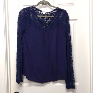 Xhilaration Long Lace Sleeved top, size large, navy blue, lace, blouse